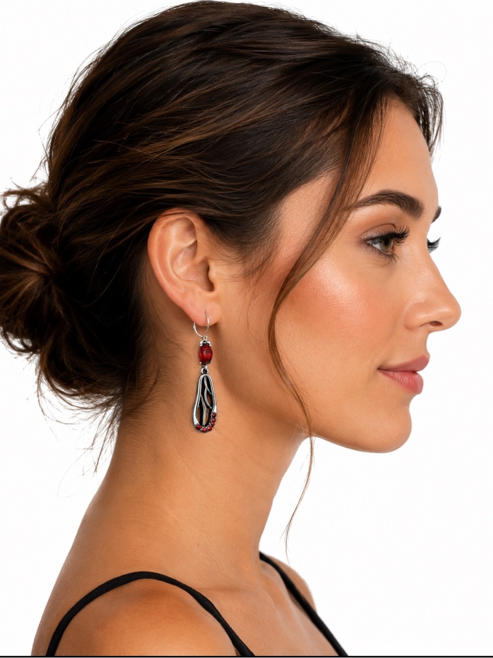 Silver Dragonfly Wing Earrings With Red Gemstone- Women Jewelry